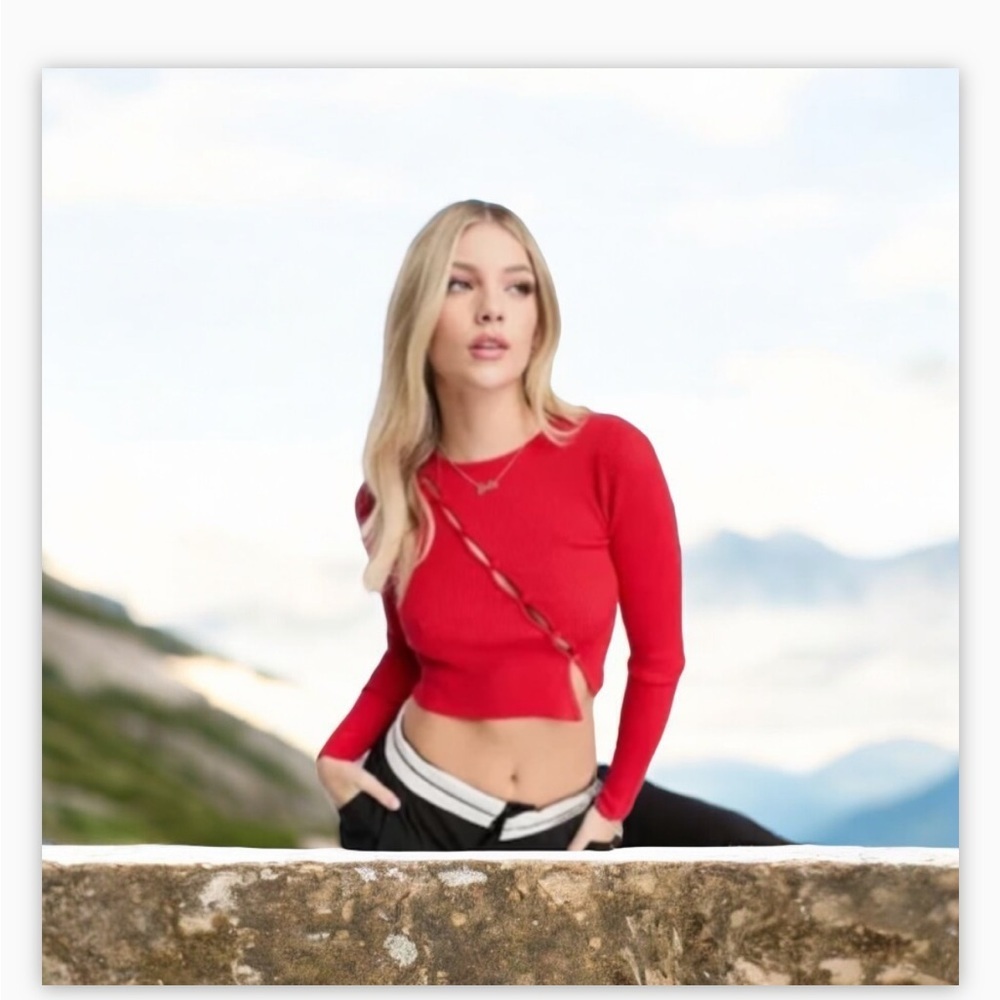 ASOS-Diagonal Lace-Up Long Sleeve Top-Seamless Ribbed Sz M-NWOT-Red-Garage-☀️❤️ - Picture 6 of 9